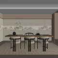 Modern Tea Room Interior With Long Wooden Table Stools Decorative Wall Shelves And Natural Light