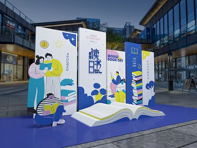 Outdoor Book Themed Installation With People Reading Stacked Books And Open 3d model