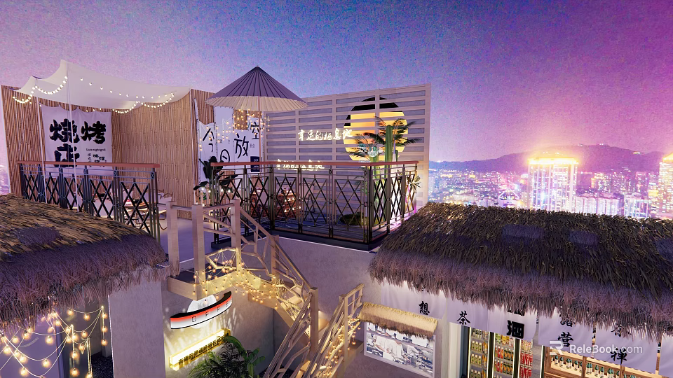 Garden Landscape on Rooftop Terrace with Bamboo Railings Thatched Roof Lanterns and City Night Lights 3d model 