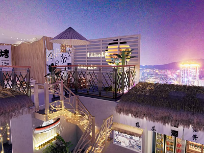 Garden Landscape on Rooftop Terrace with Bamboo Railings Thatched Roof Lanterns and City Night Lights 3d model