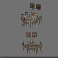 Dining Table Set With Wooden Chairs Wall Paintings And Table Setting 3d model