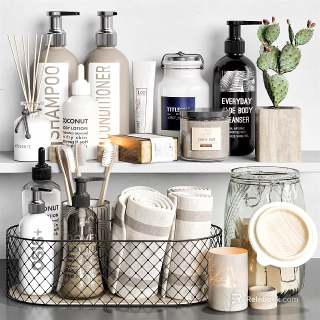 Modern Bathroom Accessories Featuring Shampoo Bottles Rolled Towels Candles Storage Jars And Cactus Plant 3d model 