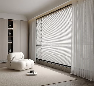White Window Blinds In Modern Living Room With Large Window White Armchair And Soft Carpet 3d model