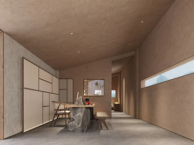 Modern Minimalist Interior Space With Wooden Walls Stone Countertop Table Chairs And Window 3d model