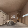 Modern Minimalist Interior Space With Wooden Walls Stone Countertop Table Chairs And Window