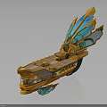 Ornate Fantasy Ship Model With Intricate Carvings Golden Body And Blue Wings