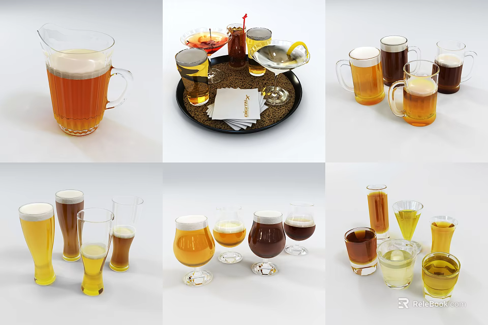 Assorted Wine Beer Bottles And Glasses With Lemon Slices On Serving Tray Setup 3d model 