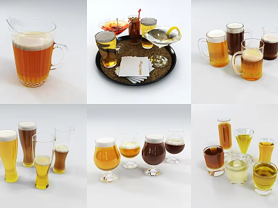Assorted Wine Beer Bottles And Glasses With Lemon Slices On Serving Tray Setup 3d model