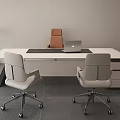 Modern Office Desk with Laptop Black Mat Two Gray Chairs Brown Chair and Green Plant