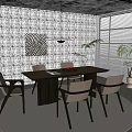 Modern Dining Table and Chair Combination Single Chair Long Table Fruit Plate Books Green Plant Rectangular 3d model