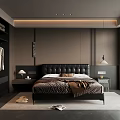 Modern Bedroom Interior With Dark Leather Headboard Bed Nightstands And Pendant Lamp