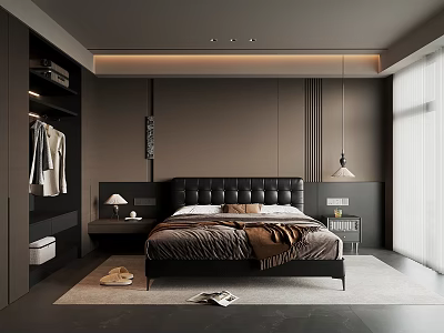 Modern Bedroom Interior With Dark Leather Headboard Bed Nightstands And Pendant Lamp 3d model