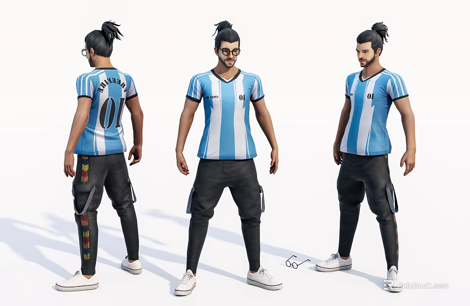 Game Movie Character Wearing Blue White Striped Jersey Number 0 Black Cargo Pants White Sneakers 3d model 