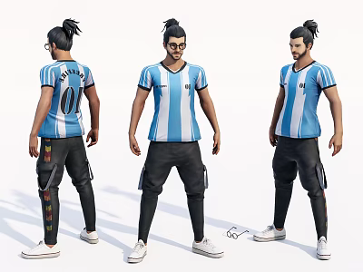 Game Movie Character Wearing Blue White Striped Jersey Number 0 Black Cargo Pants White Sneakers 3d model