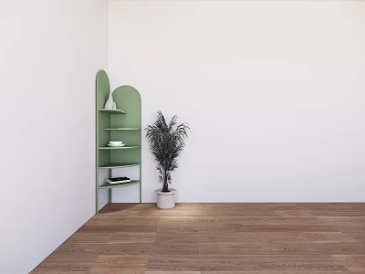 Green Corner Shelf with Potted Plant White Wall and Wooden Floor 3d model