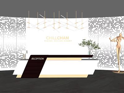 Modern Front Desk Reception With Golden Chandeliers Patterned Wall Potted Plant And Statue 3d model