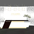 Modern Front Desk Reception With Golden Chandeliers Patterned Wall Potted Plant And Statue