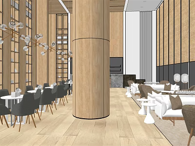 Modern Hotel Lobby Interior With Wooden Columns Chandeliers And Seating Areas 3d model