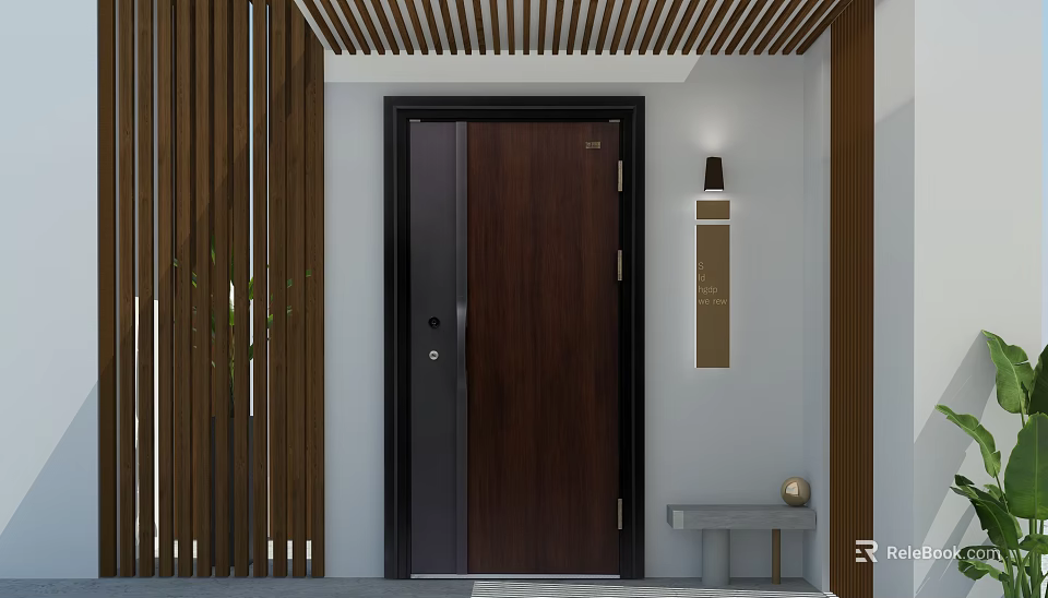 Dark Brown Wooden Hinged Door In Entryway With Vertical Slats Wall Lamp And Decorative Ball 3d model 