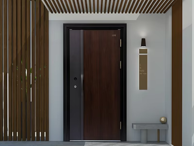 Dark Brown Wooden Hinged Door In Entryway With Vertical Slats Wall Lamp And Decorative Ball 3d model