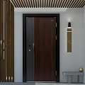 Dark Brown Wooden Hinged Door In Entryway With Vertical Slats Wall Lamp And Decorative Ball