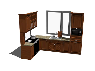 Wooden Kitchen Interior With Brown Cabinets Light Countertop Window And Appliances 3d model