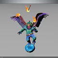 Winged Mythical Creature With Flaming Wings Teal Body And Blue Pants Standing On Globe