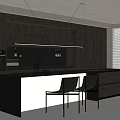 Modern Restaurant Kitchen Interior With Dark Wooden Cabinets Island Counter And Black Chairs