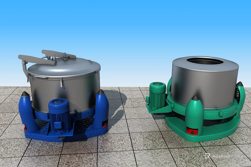 Industrial Centrifugal Dehydrators With Silver Body And Blue Green Bases On Gray Floor Tiles 3d model 