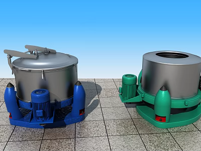 Industrial Centrifugal Dehydrators With Silver Body And Blue Green Bases On Gray Floor Tiles 3d model