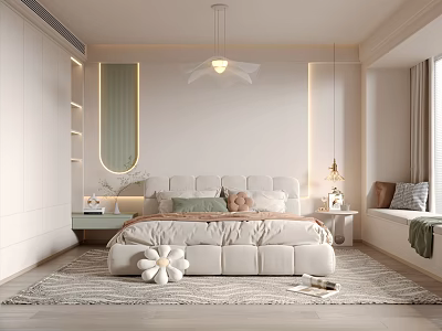 Modern Minimalist Bedroom Interior Design With Upholstered Headboard Round Mirror And Neutral Tones 3d model