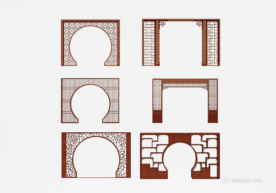 Chinese Style Decorative Wooden Room Dividers With Arched And Lattice Designs 3d model 