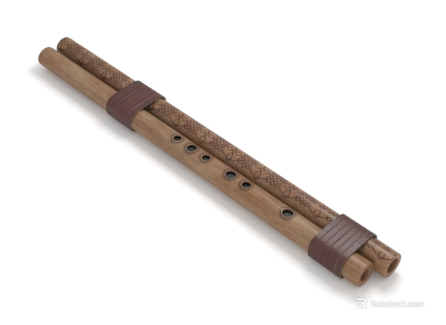 Traditional Bamboo Flute Musical Instrument With Brown Straps And Holes For Music Enthusiasts 3d model 