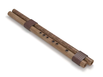 Traditional Bamboo Flute Musical Instrument With Brown Straps And Holes For Music Enthusiasts 3d model