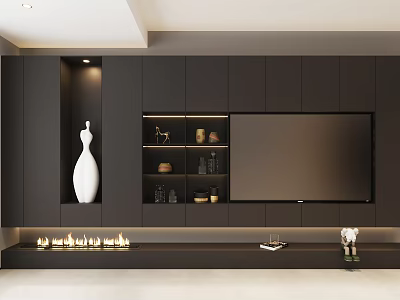 Modern TV Wall Unit with Dark Wooden Cabinets Open Shelves Decorative Items and Built-in Lighting 3d model