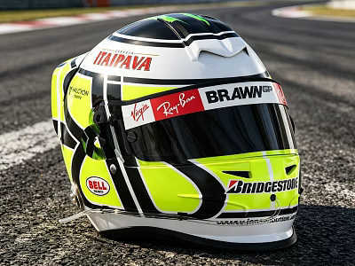 Yellow And White Racing Helmet With Brand Logos On Race Track Surface 3d model