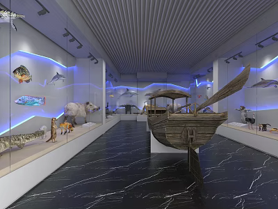Cultural Center Interior With Wooden Boat Model Fish Specimens And Blue Lighting 3d model
