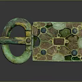Ancient Bronze Buckle With Green Patina Inlaid Blue Red Gemstones And Geometric Patterns