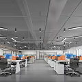 Modern Public Office Space With Open Layout Bright Workstations Orange Blue Partitions Black Office Chairs