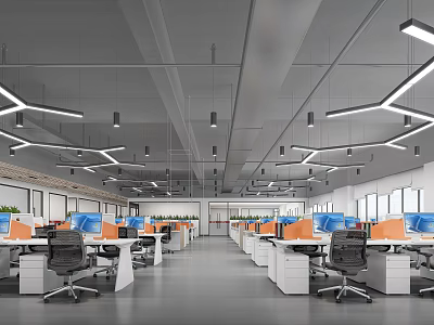 Modern Public Office Space With Open Layout Bright Workstations Orange Blue Partitions Black Office Chairs 3d model