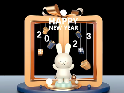 Cute White Rabbit In Golden Frame With Happy New Year And Gift Boxes 2023 3d model