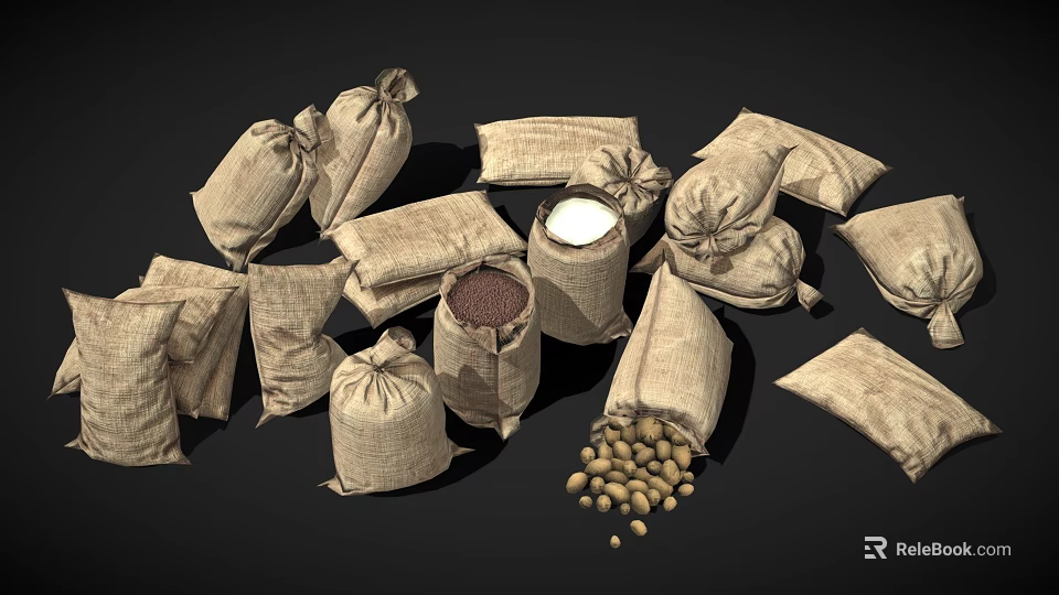 Household Storage Burlap Sacks With Beans Grains And Various Dry Goods 3d model 