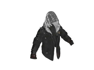 Black Hooded Jacket with Camouflage Lined Hood Leather Trimmed Cuffs Multiple Pockets and Functional Buttons 3d model