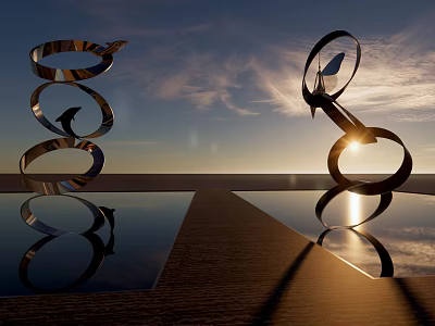 Metallic Spiral Landscape Sculptures Under Sunset Sky with Water Reflections and Light Shadow Effects 3d model