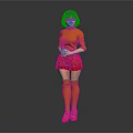 Stylish Woman in Orange Sweater and Red Skirt with Orange Stockings Red Shoes and Glasses