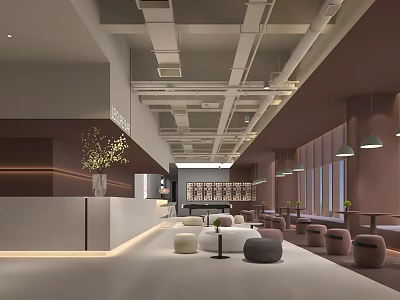 Modern Open Café With Brown Walls White Flooring Pendant Lights Sofas Green Plants Bar Counter 3d model