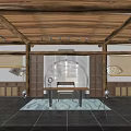 Traditional Modern Interior With Wooden Ceiling Beams Display Shelves Central Table And Black Tiled Floor