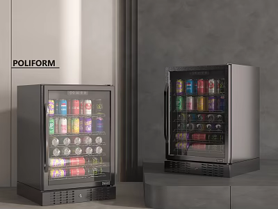 POLIFORM Black Glass Door Mini Fridges With Colorful Beverage Cans In Modern Interior 3d model