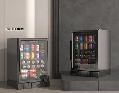 POLIFORM Black Glass Door Mini Fridges With Colorful Beverage Cans In Modern Interior 3d model