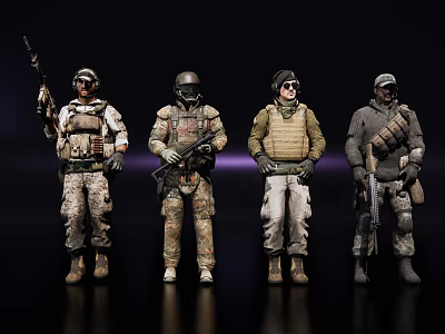 Group of Military Soldiers Holding Rifles With Different Camouflage Uniforms And Tactical Gear 3d model